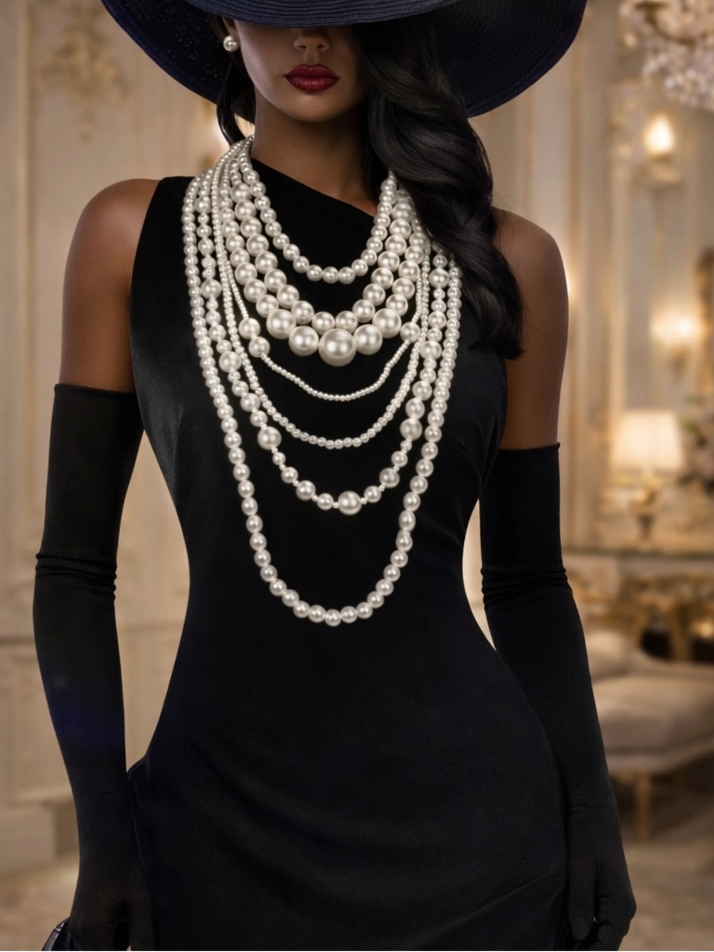 Multi-Strand Pearl Statement Necklace - Classic White Pearls - Picture 3 of 4
